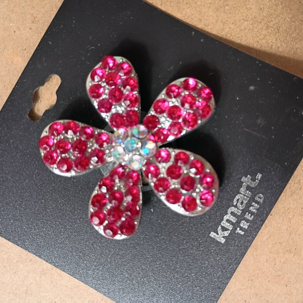 VTG KMart Hot Pink Gem Daisy Floral Brooch Costume Jewelry Bling Silver Tone Y2K